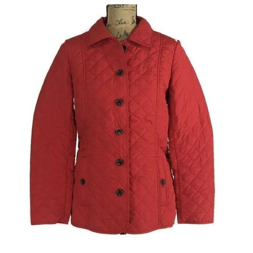 J Jill Puffer Jacket SMALL Red Black Button Pocket Quilt Lined Packable Washable